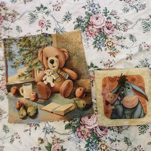 Tapestry Pillow Cover 2 Set 2Teddy Bear 20x 18"and Donkey with piglet 11.5X12".